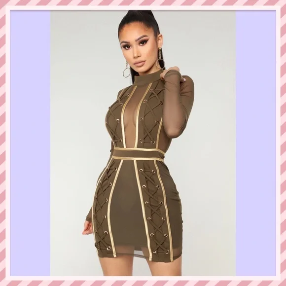 knee length dresses for ladies Light Olive Mesh Overlay Fitted Midi Dress main image 0